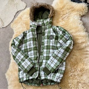 Green white gingham plaid puffer jacket winter coat removable hood faux fur trim